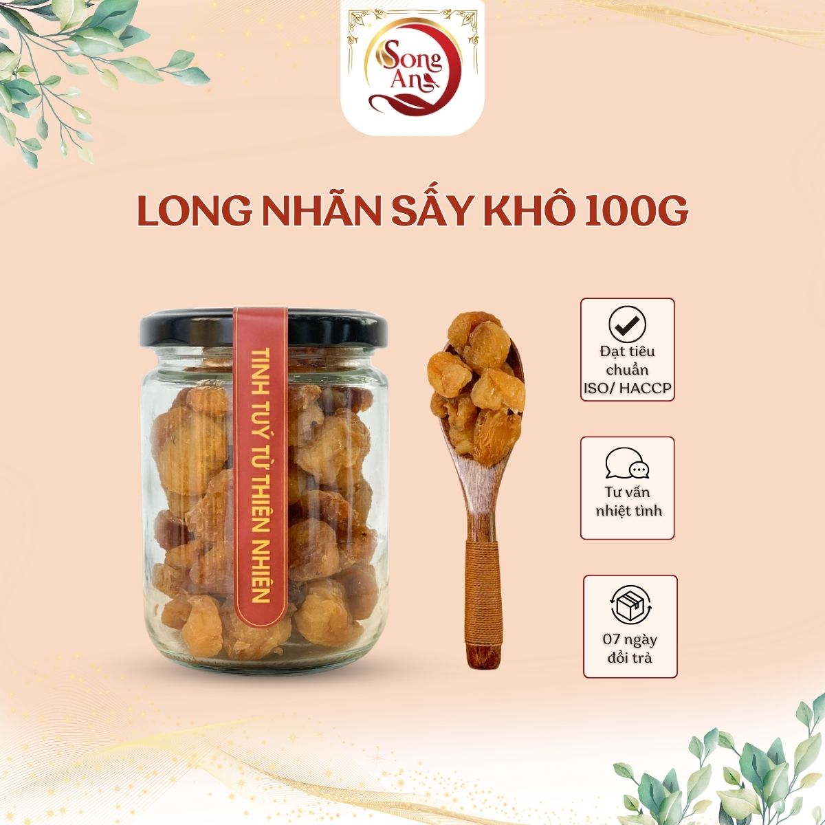 Hộp thủy tinh, Long nhãn sấy khô Song An giúp ngủ ngon, tăng tuổi thọ, hỗ trợ làm đẹp da 100gr