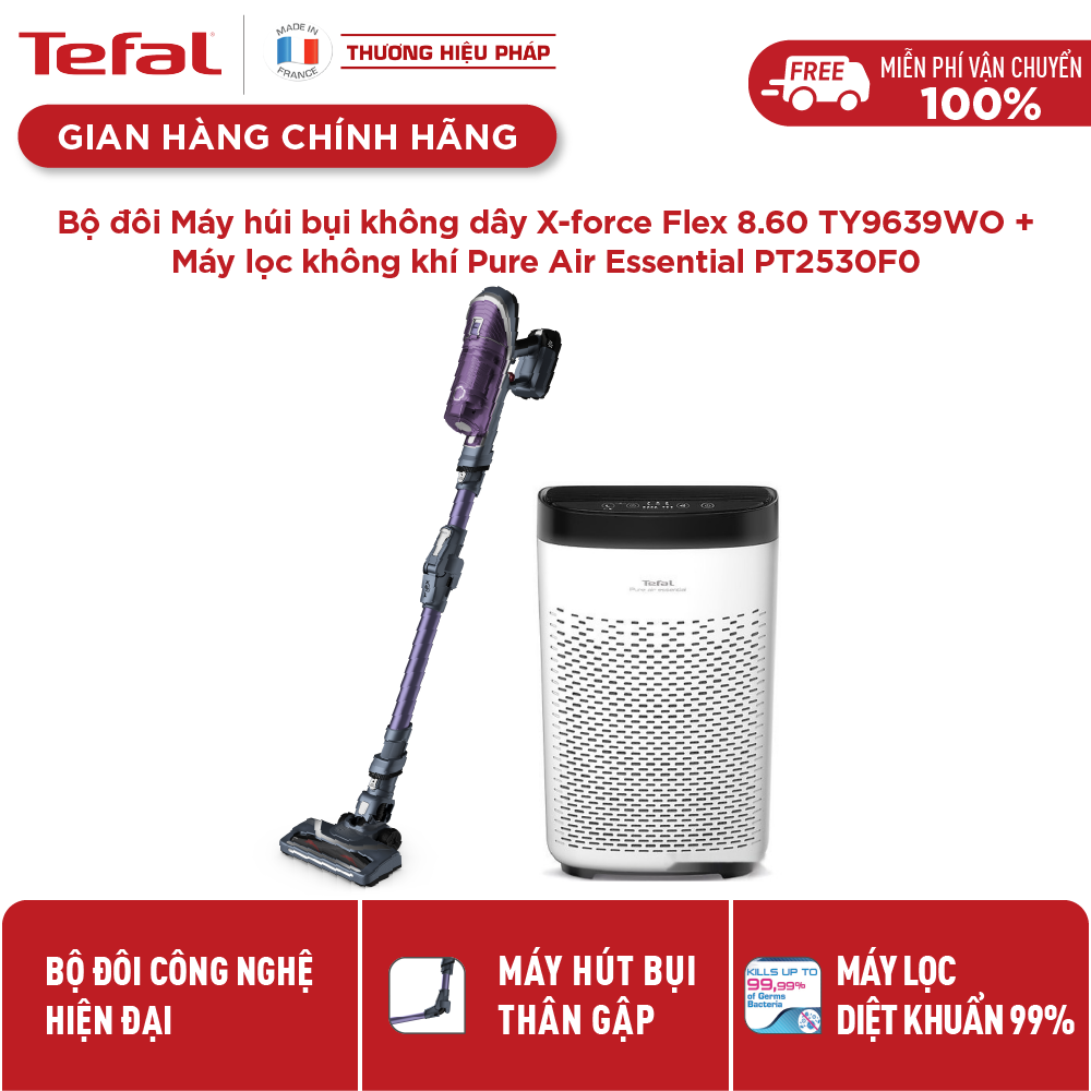 Bộ đôi máy húi bụi cầm tay không dây tefal ty9639wo + máy lọc không khí tefal pt2530f0- gian hàng chính hãng bảo hành 2 năm-bty86pt
