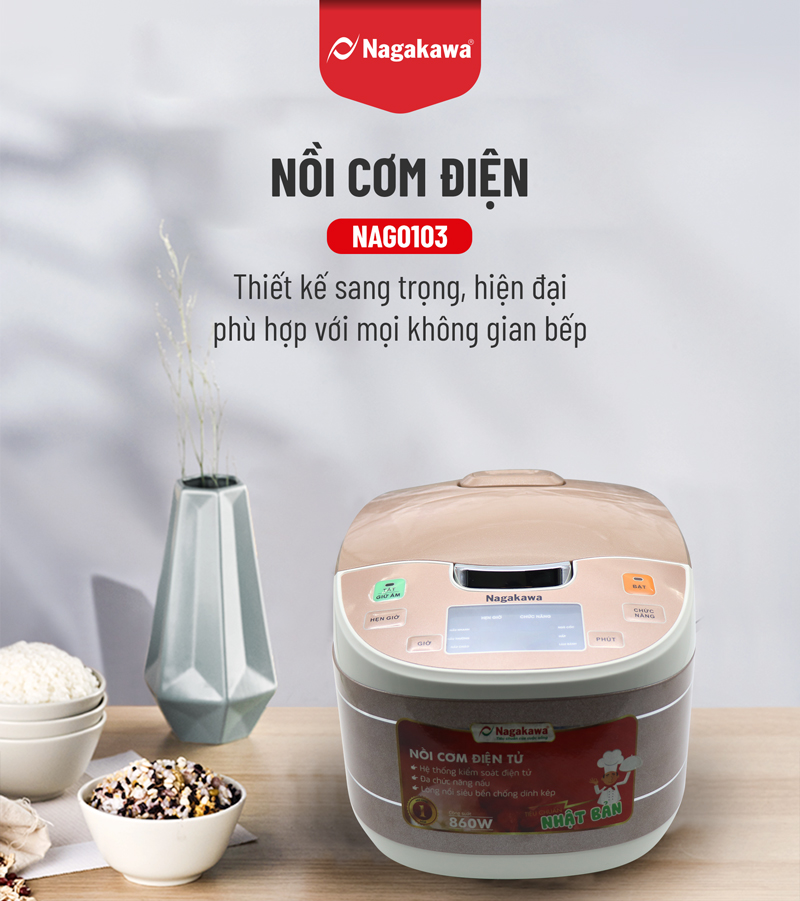 Nồi cơm điện tử nagakawa nag0103 - nâu trắng - hàng chính hãng - bảo hành 12 tháng