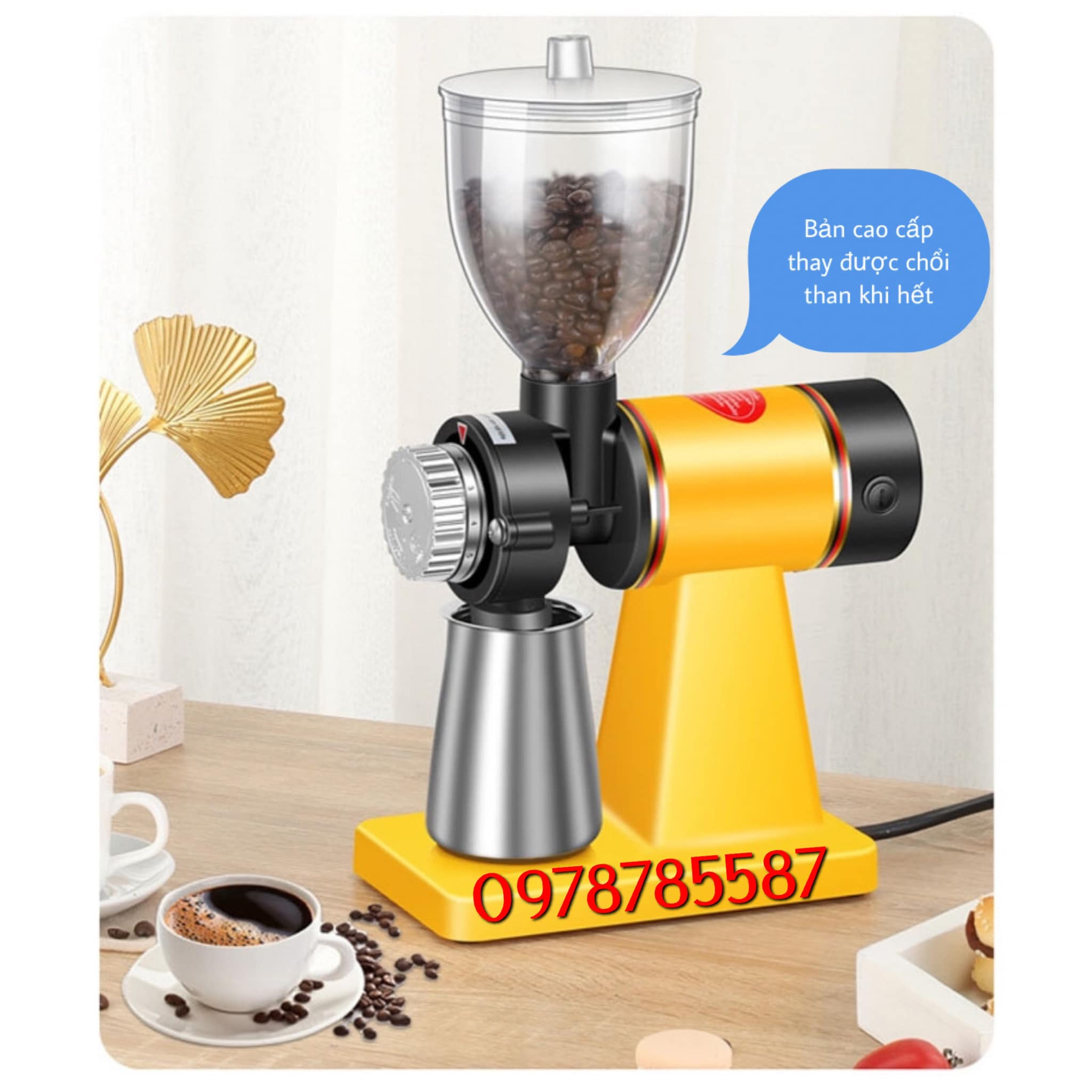 Máy xay cà phê mini 600n 180w 8 cấp độ xay, bồn inox, phễu chống tràn