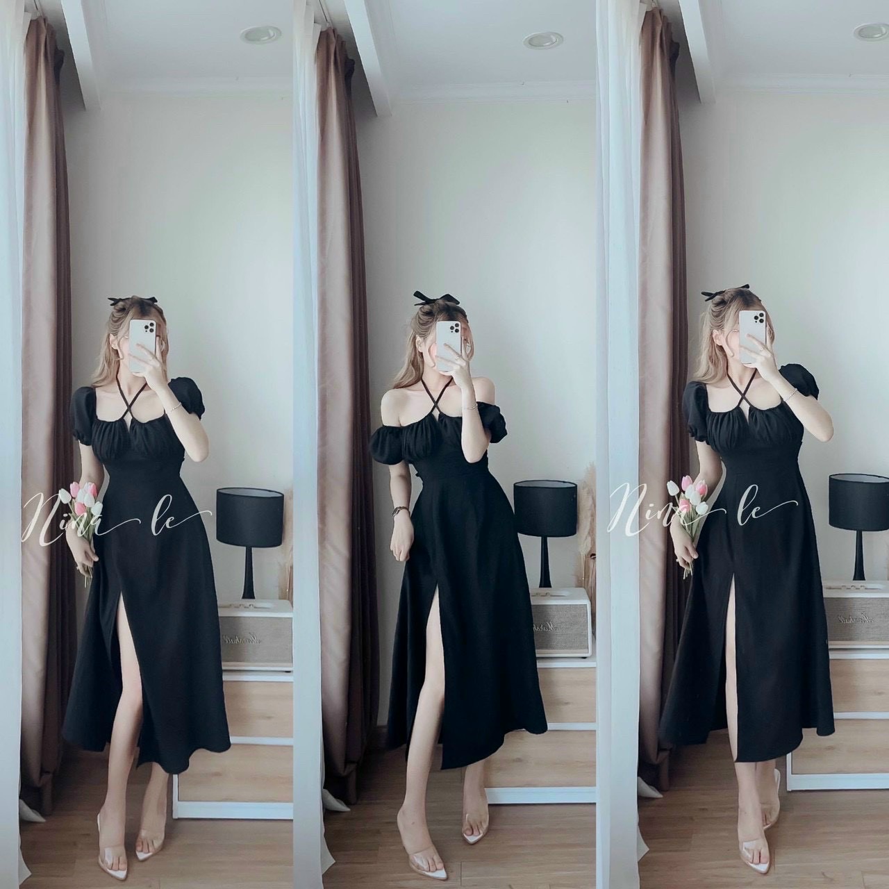 Đầm nữ 2 dây xẻ tà cổ yếm 2 kiểu mặc dễ thương chất liệu lụa nhung freesize từ 40 đến 52kg mặc vừa thời trang THIA House
