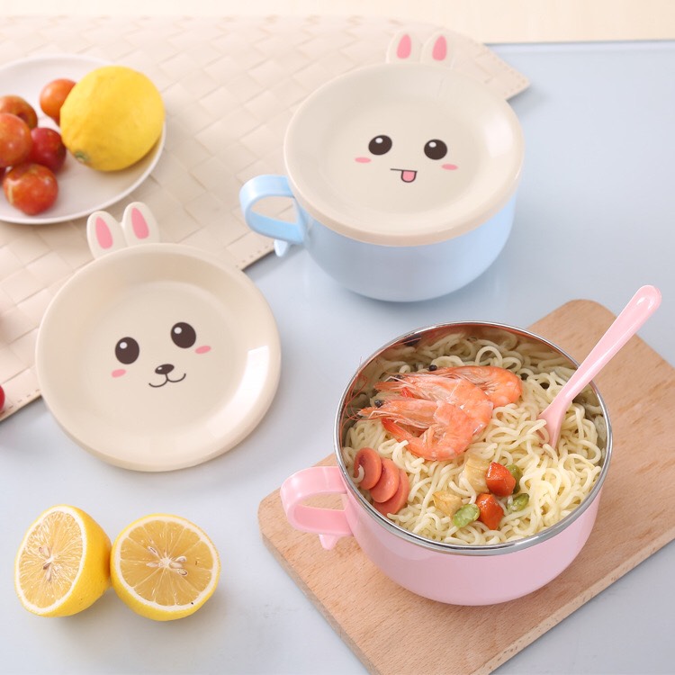 Bộ ly mì lúa mạch có nắp đậy/ ca ăn mì có nắp hình tai thỏ