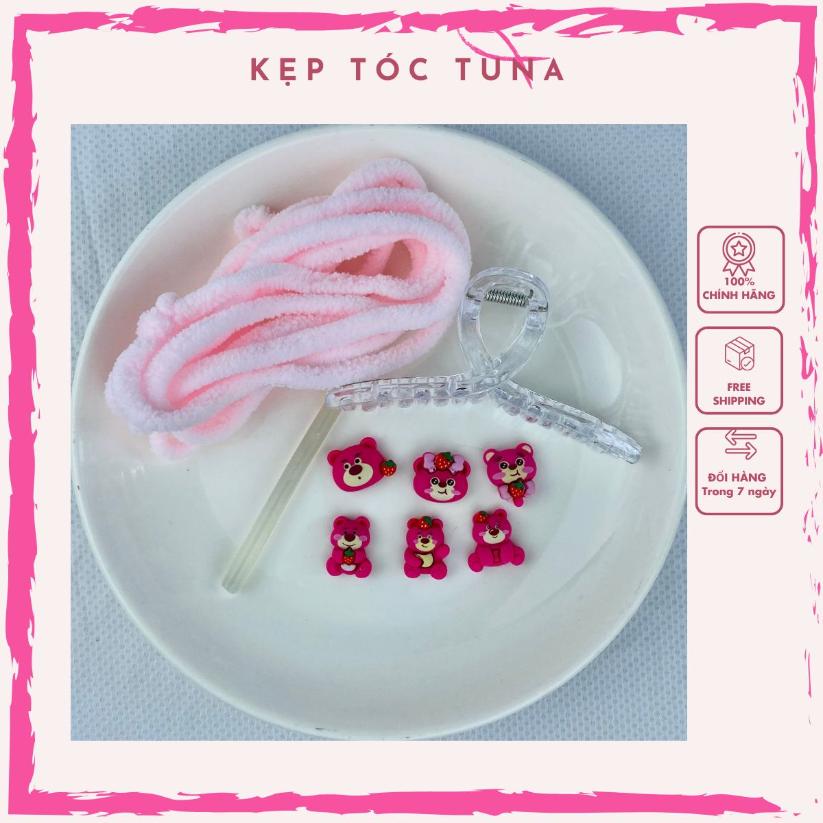 Kẹp tóc gấu dâu tự làm handmade bằng len hồng gắn charm losto phụ kiện tóc tuna dễ thương