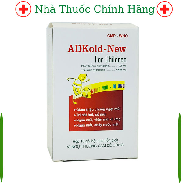 ADKOLD- NEW- giúp giảm ngạt mũi, hắt hơi sổ mũi, ngứa mũi, viêm mũi dị ứng- Hộp 10 gói- Vị ngọt hương cam dễ uống h