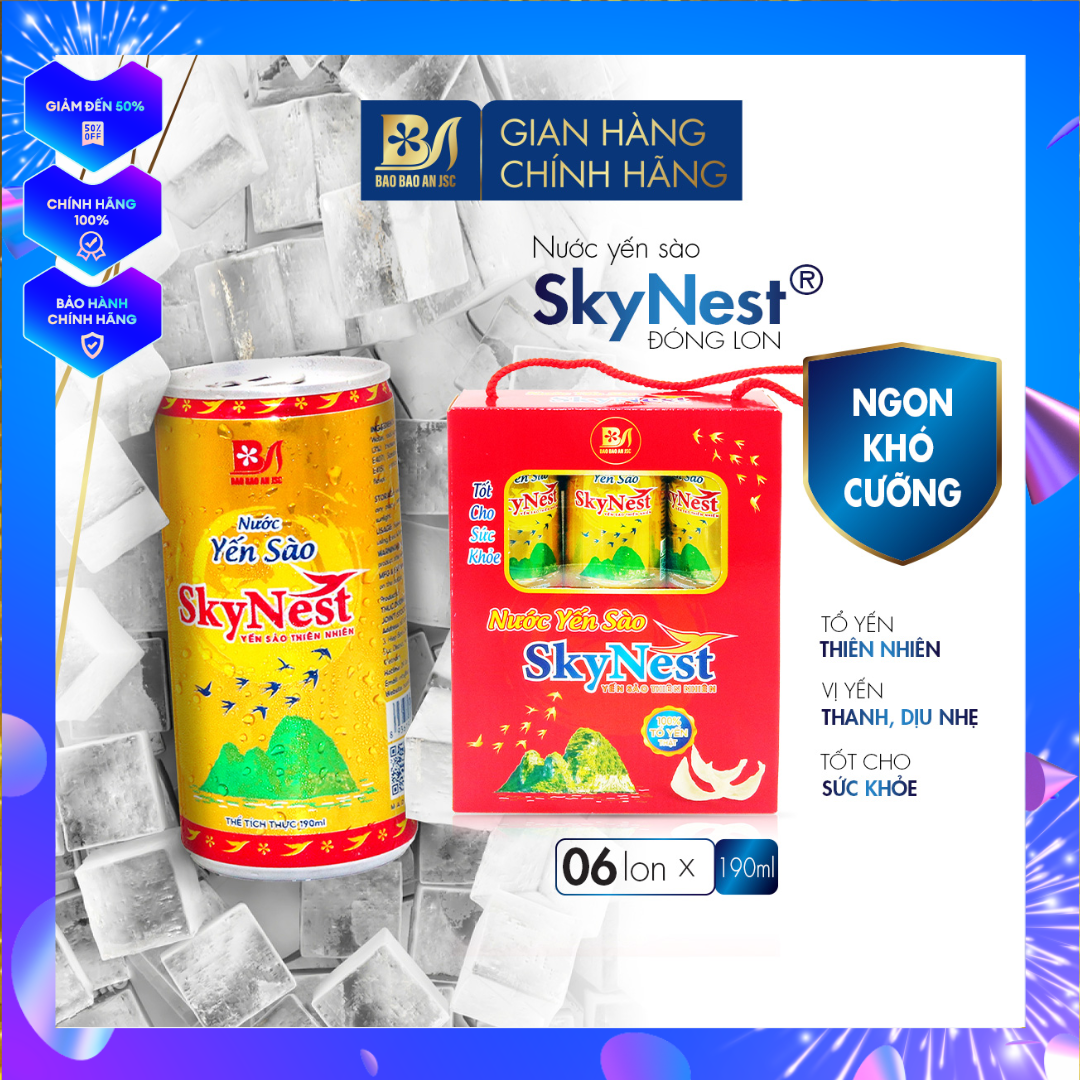 Nước Yến Sào SkyNest 3% Tổ Yến thật Hộp quà đứng 6 lon x 190ml Giải khát
