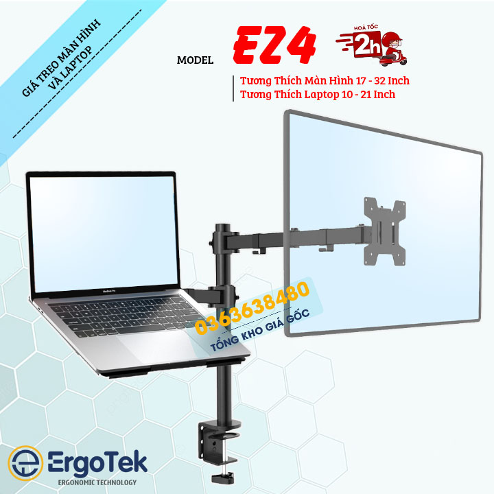 Giá Treo Màn Hình Kèm Giá Đỡ Laptop ErgoTek EZ4 / Tay Treo Màn Hình 17 - 32 Inch Và Laptop 10 - 17 Inch - Kẹp Thành Bàn M074