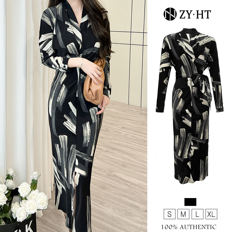 ZYHT eravogue đầm body váy quấn kiểu pháp Đầm ôm eo cao in mực với váy hông sa tanh hàn quốc 6054