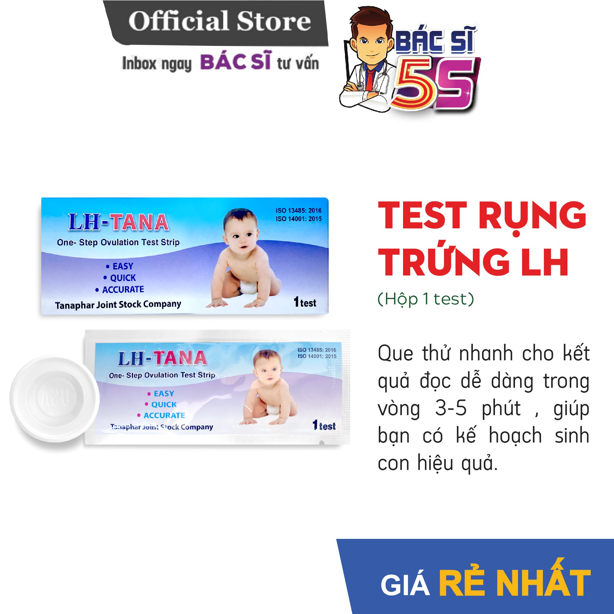 Que thử rụng trứng LH-Tana Ovulation LH Test Strip Hộp 1 cái