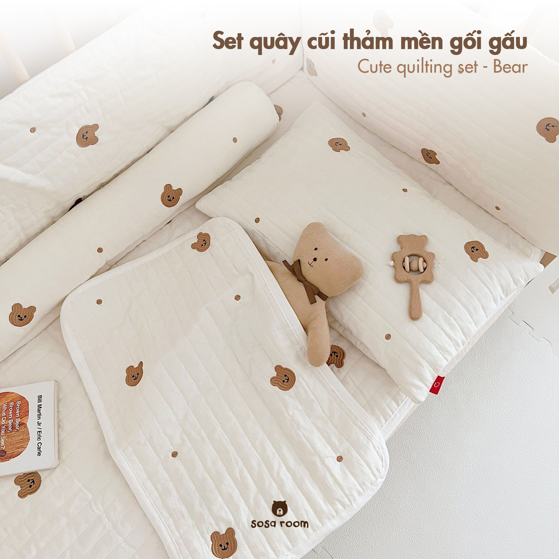 Quây cũi thảm gối, thêu gấu, trần bông hữu cơ cho bé