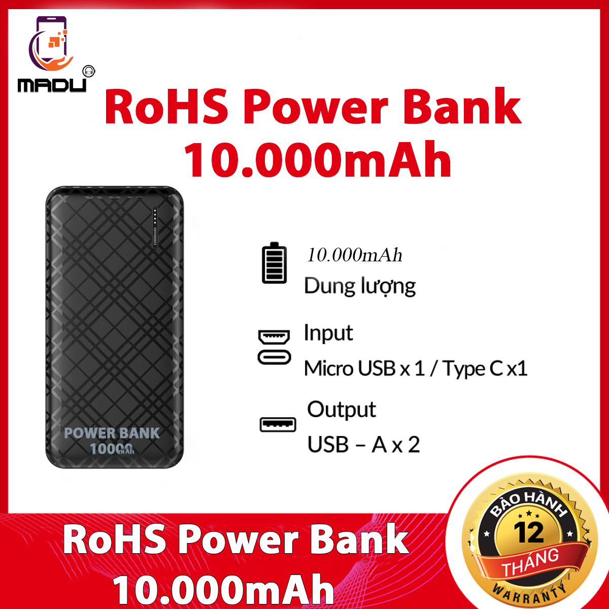 Pin sạc Dự Phòng RoSH Màu Đen Dung lượng 10.000mAh Input 5V, 2A / Output 5V, 2.1A - Hai cổng sạc - hàng chuẩn công ty bảo hành 12 tháng