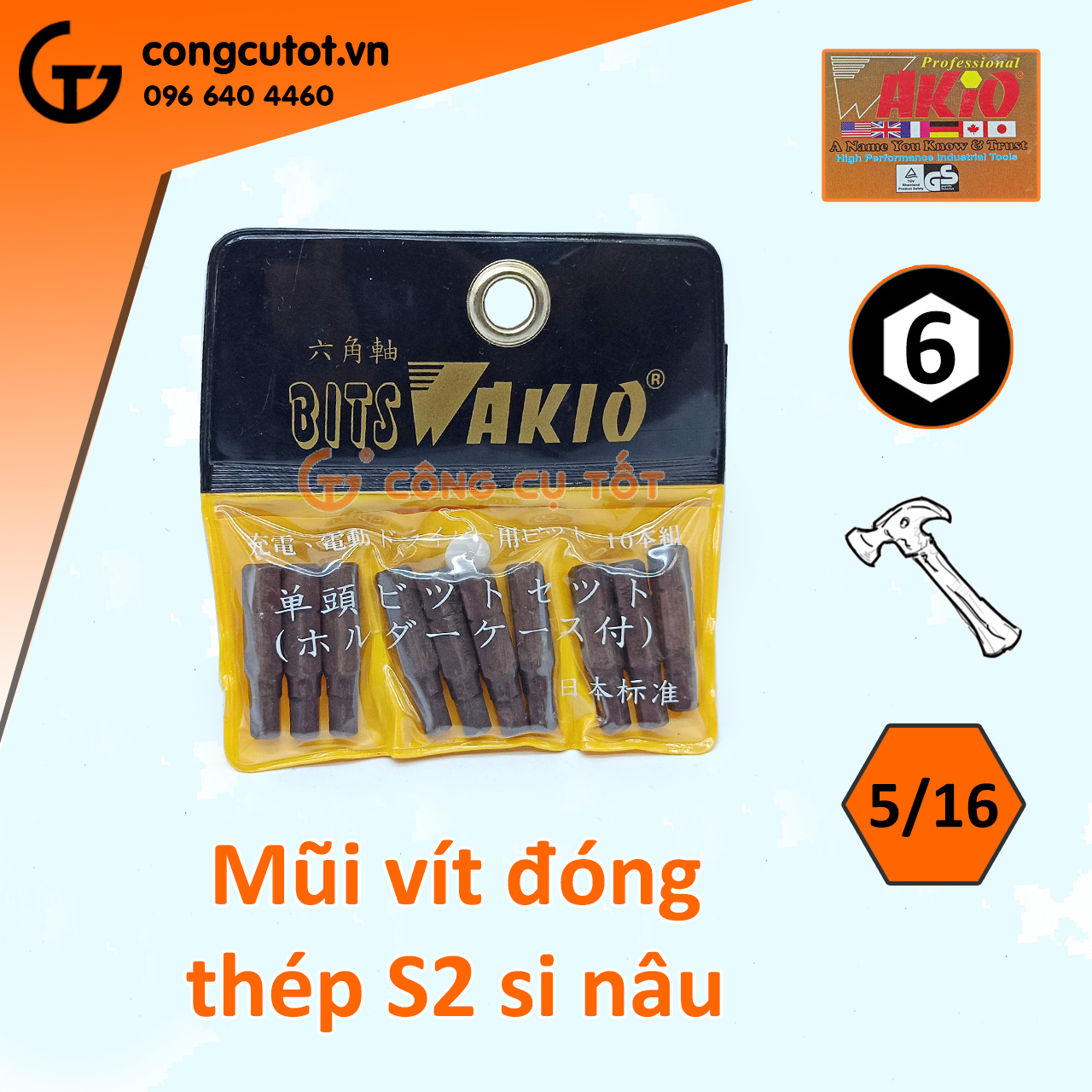 Vỉ 10 Mũi vít đóng lục giác Wakio si nâu 35mm