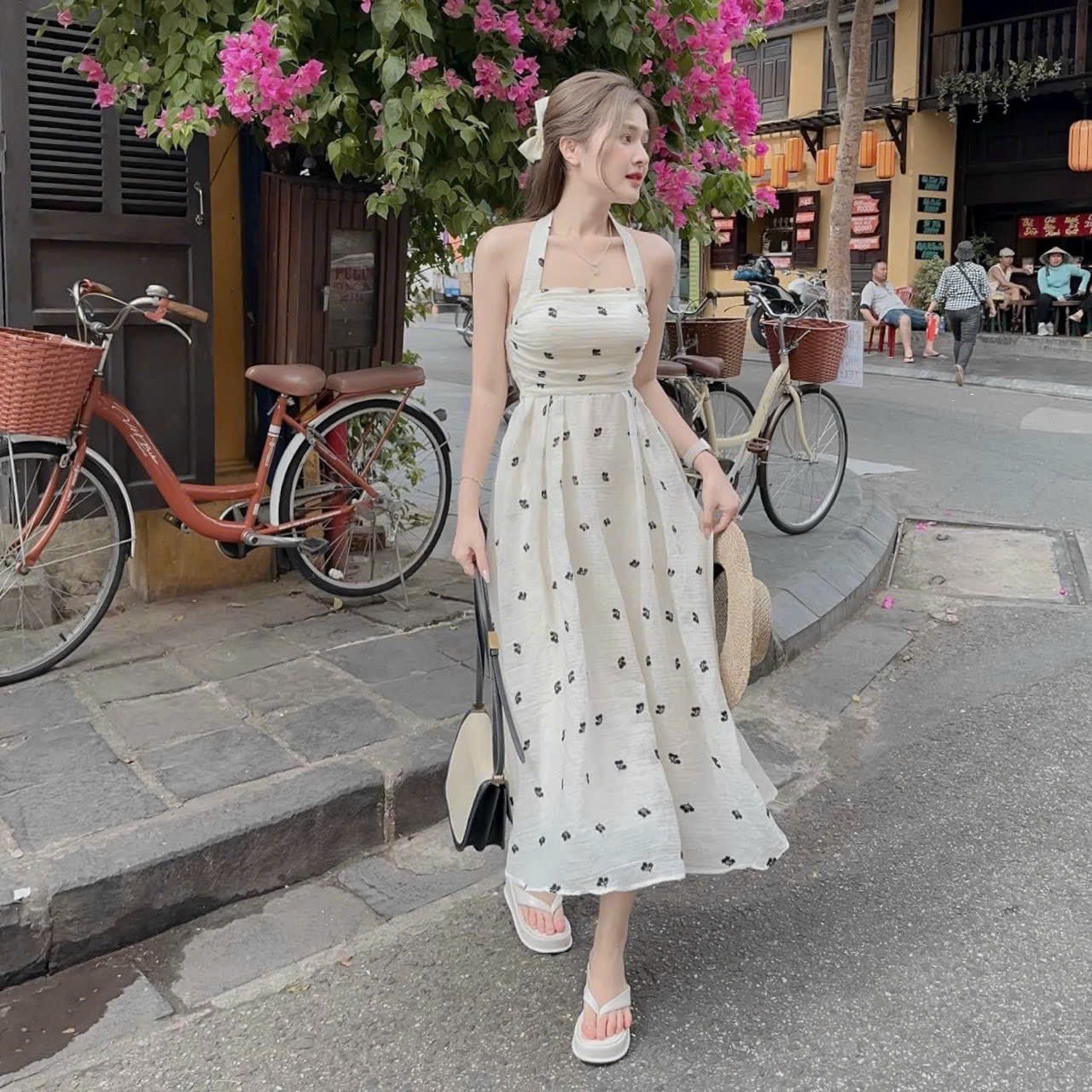 Đầm dự tiệc nữ dài cổ cột nơ phối hoa sang chảnh