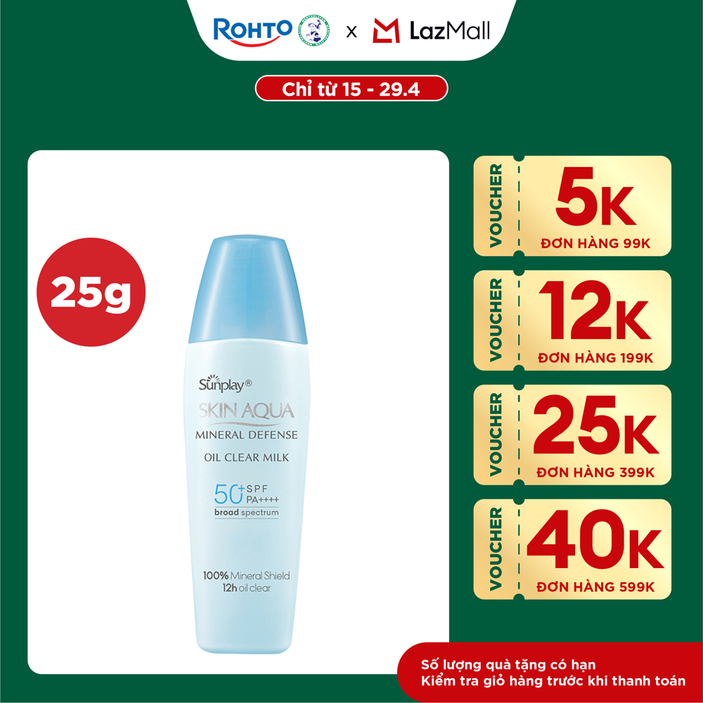 Kem chống nắng vật lý Skin Aqua kiềm dầu, dạng sữa dùng hàng ngày Sunplay Skin Aqua Mineral Defense Oil Clear Milk SPF50+ PA++++ 25g