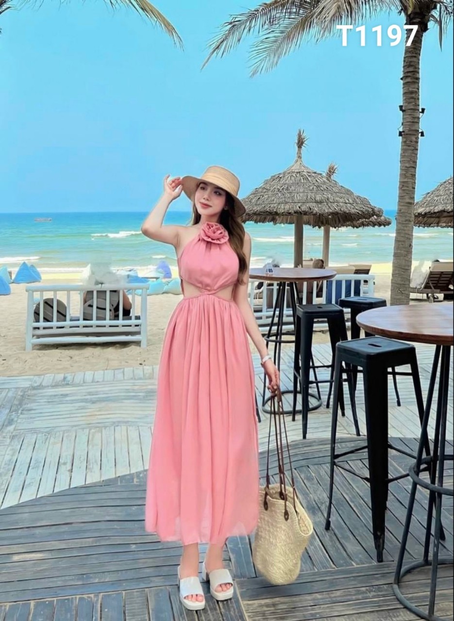Đầm maxxi lụa đi biển dáng dài khoét eo bông cổ có mút ngực voan lụa 100d T1197