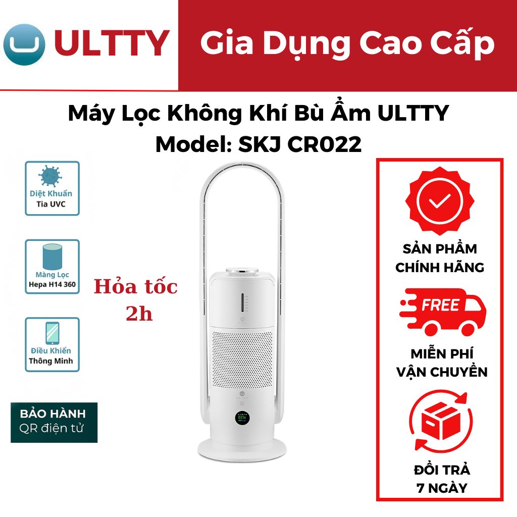 Máy lọc không khí bù ẩm ultty skj-cr022 quạt lọc không khí diệt khuẩn bằng tia uv, chế độ làm mát 9 cấp, bộ lọc hepa h14 loại bỏ 99,97% bụi mịn, vi khuẩn, virut, bù ẩm 3 cấp