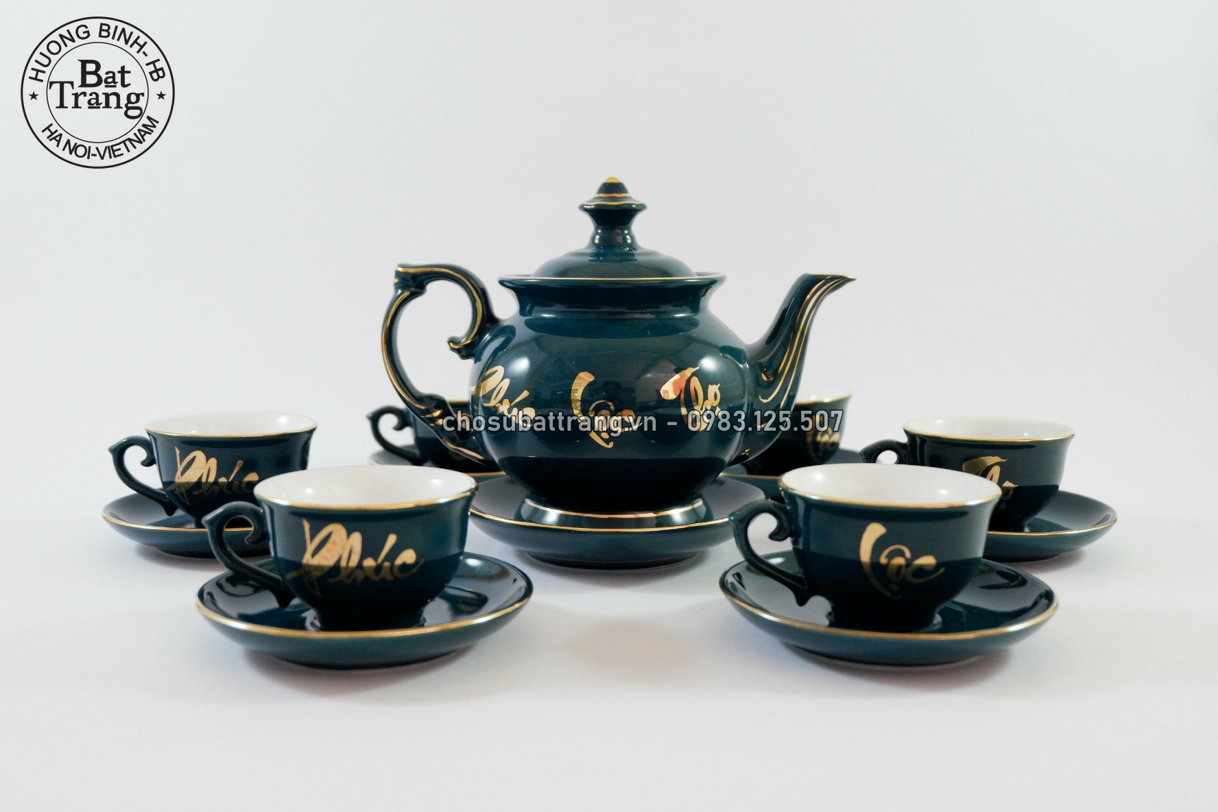 Bộ ấm chén men xanh dương Phúc Lộc Thọ