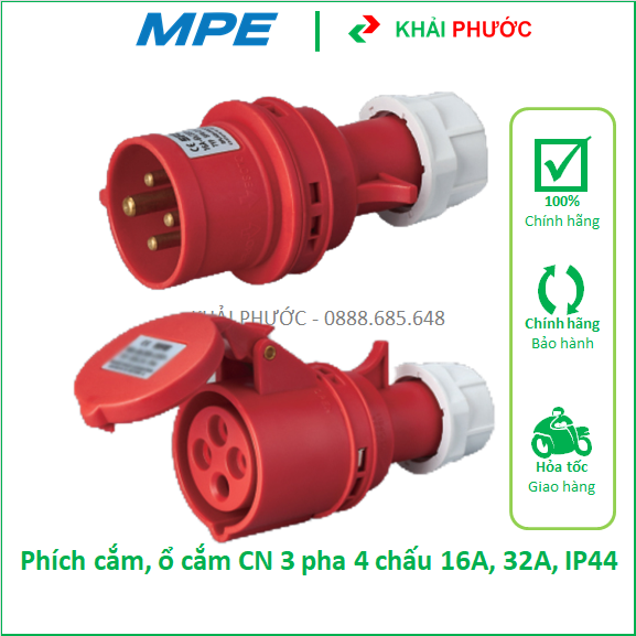 Phích cắm đực ổ cắm cái 3 pha 4 chấu 16a 32a ip44 công nghiệp mpe mpn-014 mpn-024 mpn-214 mpn-224 mpe - khải phước electric