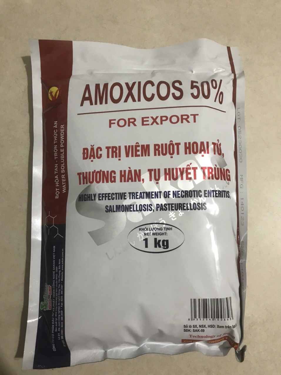 Amox 50/amox50/ amoxicos 50% (1kg-Sakan) dùng cho chó, mèo, gà, vịt, lợn, trâu, bò
