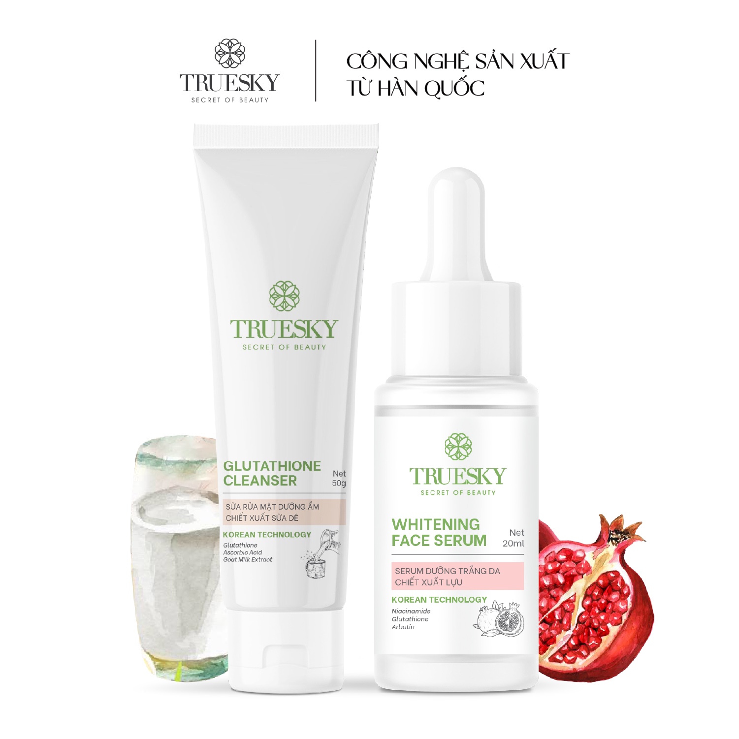 Bộ sản phẩm làm trắng và ngăn ngừa lão hoá da mặt Truesky gồm 1 serum dưỡng trắng 20ml + 1 sữa rửa mặt sữa dê 50g
