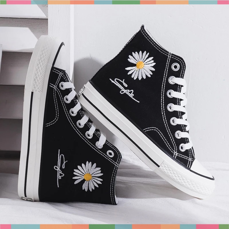 Giày thể thao nữ Ulzzang bata đen trắng đế bánh mì độn đế vải canvas vintage conver cute họa tiết hoa cúc