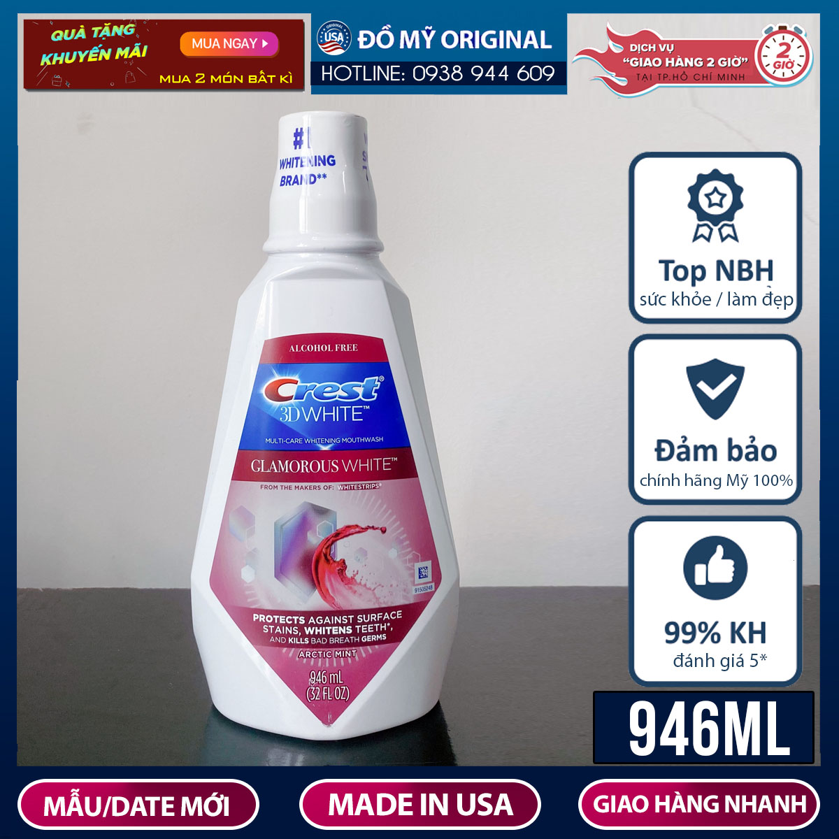 Nước Súc Miệng Crest 3D White Glamorous White Alcohol Free 946ml Hàng Mỹ Tăng Cường Men Răng Trắng Răng Tiêu Diệt Vi Khuẩn Gây Hôi Miệng