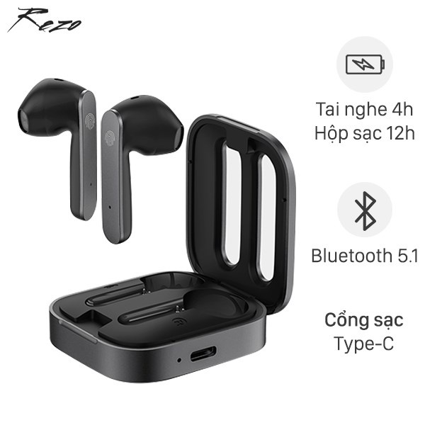 Tai Nghe Bluetooth True Wireless Rezo T206 Xám Đen