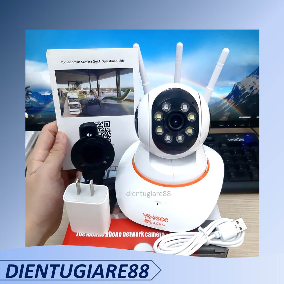 (kèm thẻ nhớ 32gb) Camera ip wifi app yoosee 3 râu khe thẻ nhớ trên đầu  - quan sát trong nhà với thiết kế viền cam đặt biệt