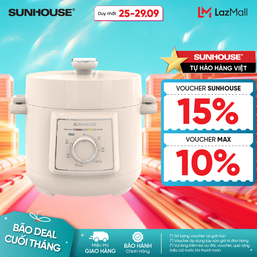 Nồi áp suất điện đa năng 2.5L Sunhouse SHD1520  - Lòng nồi dày 1.8mm - Đa chức năng nấu - Xả áp bằng nút ấn