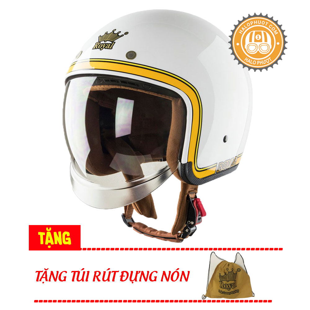 Nón bảo hiểm 3/4 kính âm royal m139 tem v10 trắng bóng