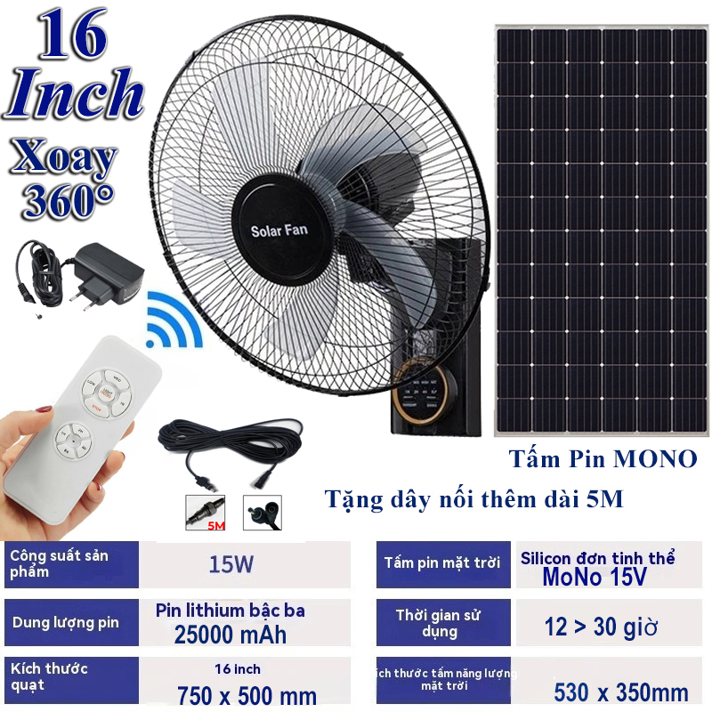  Bảo hành 2 năm- Quạt treo tường năng lượng mặt trời 16 inch Solar fan cỡ lớn có remote động cơ không chổi than ,công suất 15w dung lượng pin 25000mAh xoay 360 độ 