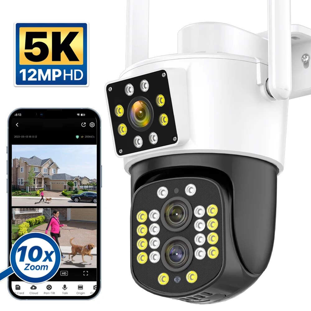 Camera Wifi Ptz Ngoài Trời 5k 12mp Zoom 10x Ba Ống Kính Với Màn Hình KépGóc Quay Rộng 355 ĐộĐàm Thoại Hai Chiều Ghi Và Phát Lại VideoPhát Hiện Chuyển ĐộngHỗ Trợ Lưu Trữ Tf Tối Đa 128gb