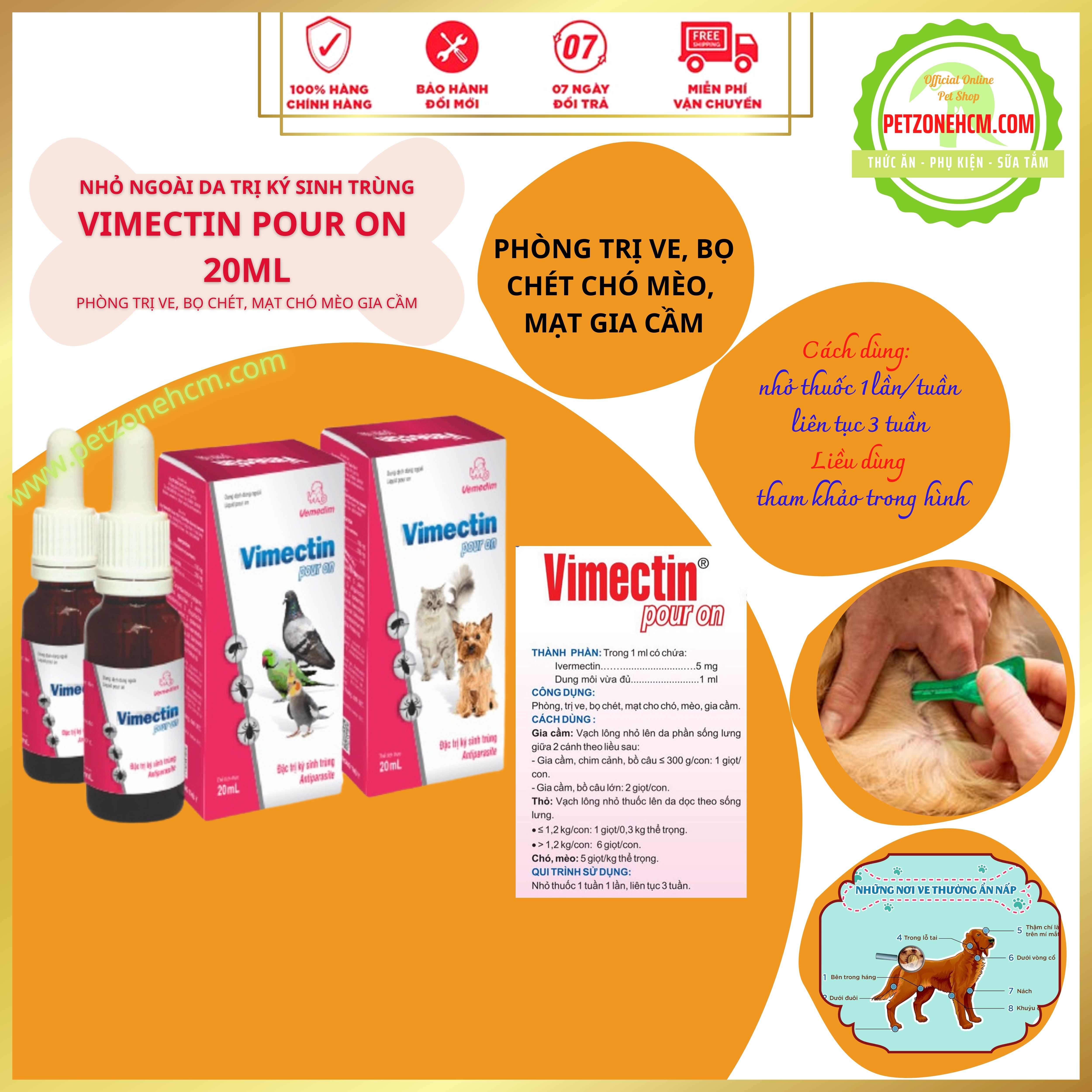 Nhỏ gáy trừ ve cho chó mèo Vimectin Pour On 20ml, ngăn chặn ve ghẻ, bọ chét, mạt gia cầm, chính hãng Vemedim