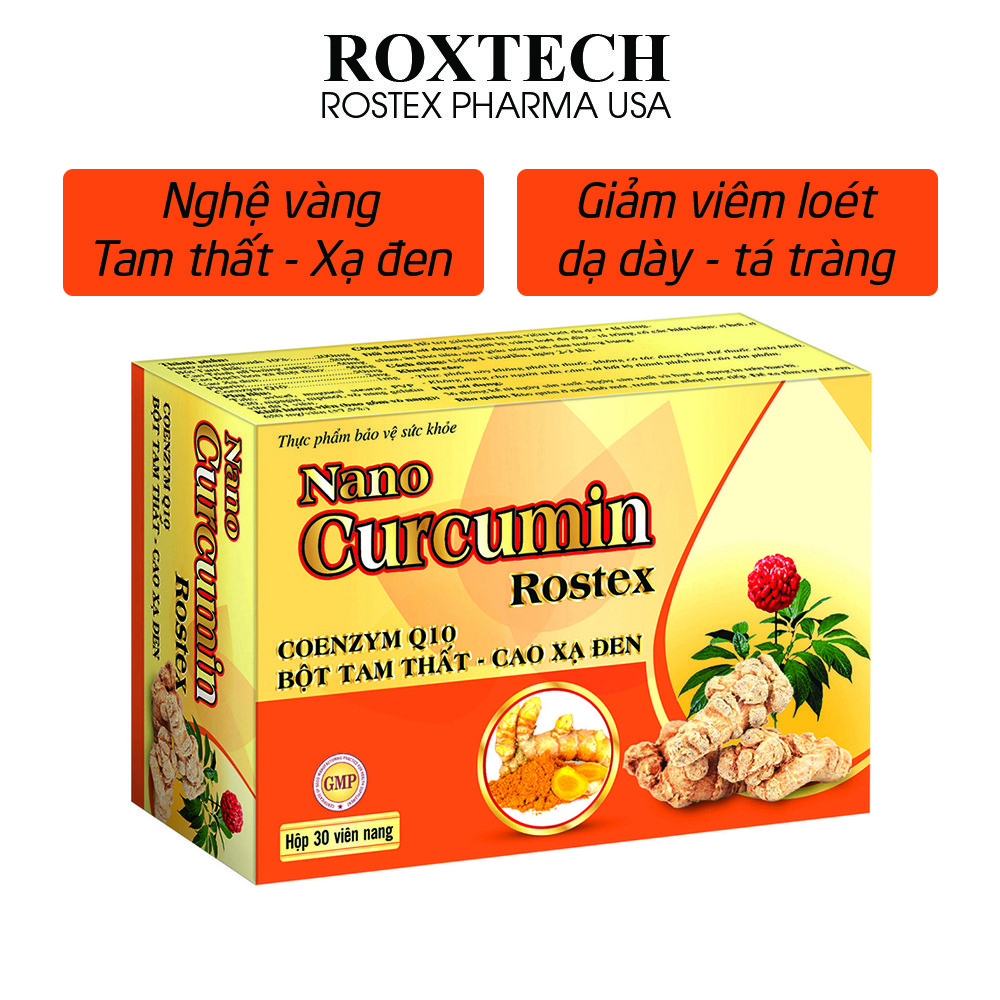 Viên tinh nghệ vàng Nano Curcumin Rostex Tam Thất Xạ Đen giảm đau viêm loét dạ dày, tá tràng, ợ hơi, đau chướng bụng - 30 viên