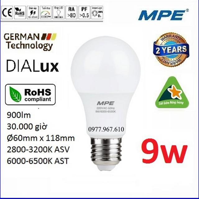 Bóng đèn Led bulb 9W (nhựa chống cháy) MPE Ánh sáng trắng, vàng (đường kính 6cm x cao 11.8cm)
