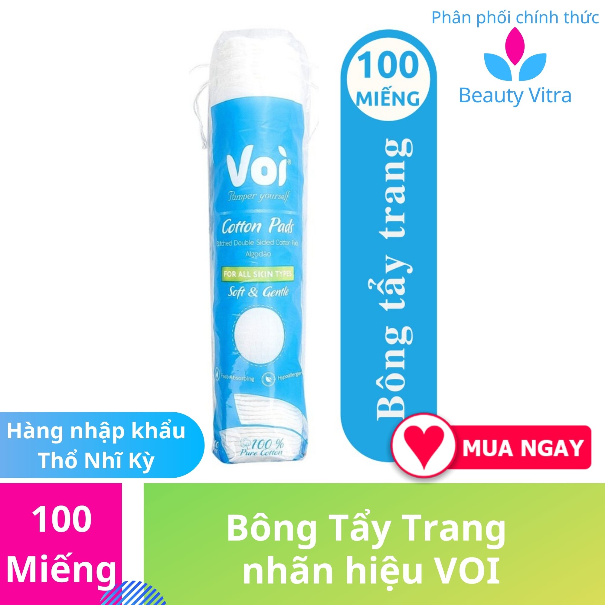 Bông tẩy trang nhập khẩu VOI Cotton Pads 100 Pieces | 100% cotton tự nhiên, rất mềm, mịn và dai, không gây kích ứng, mềm giúp bạn nhẹ nhàng chăm sóc làn da khi tẩy trang hoặc khi thoa nước hoa hồng | Hàng nhập khẩu chính hãng
