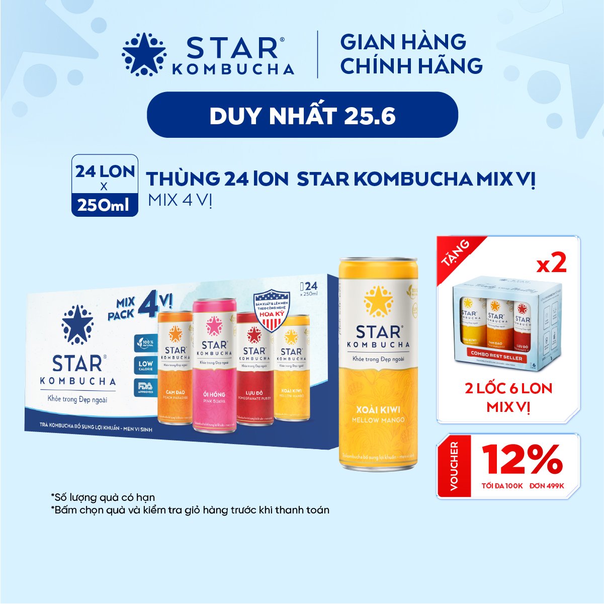 Thùng 24 lon Star Kombucha mix 4 vị (250ml/lon) - Trà lên men chứa probiotics bảo vệ sức khoẻ