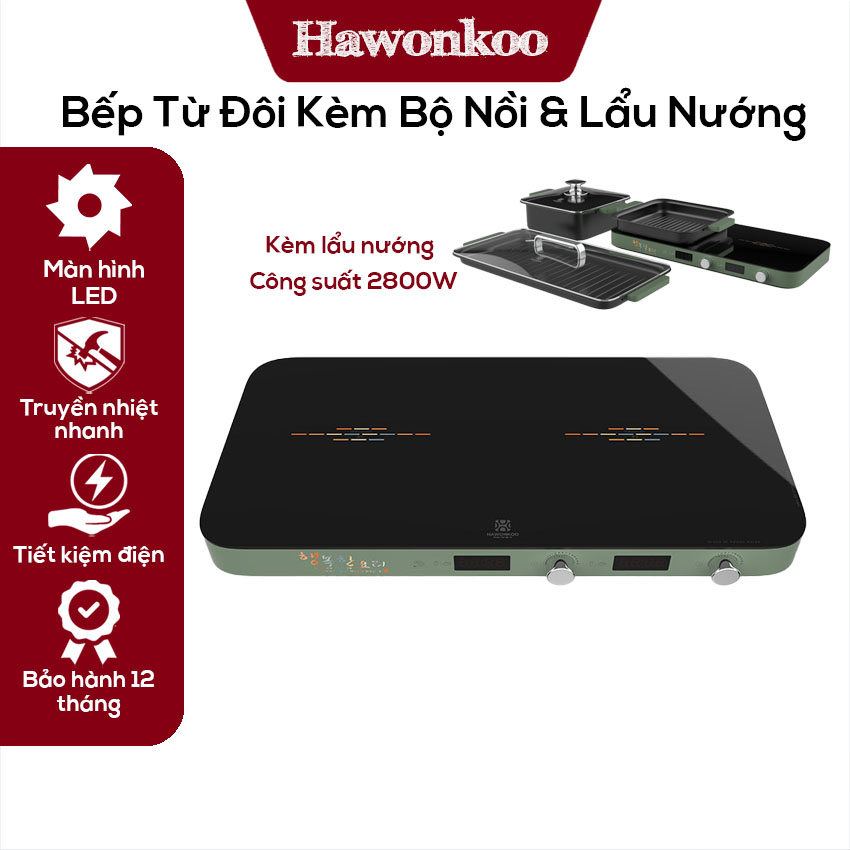 Bếp từ đôi kèm bộ nồi hawonkoo mceh-200-ii, kèm lẩu nướng, điều khiển cảm ứng màn hình led, bảo hành 12 tháng