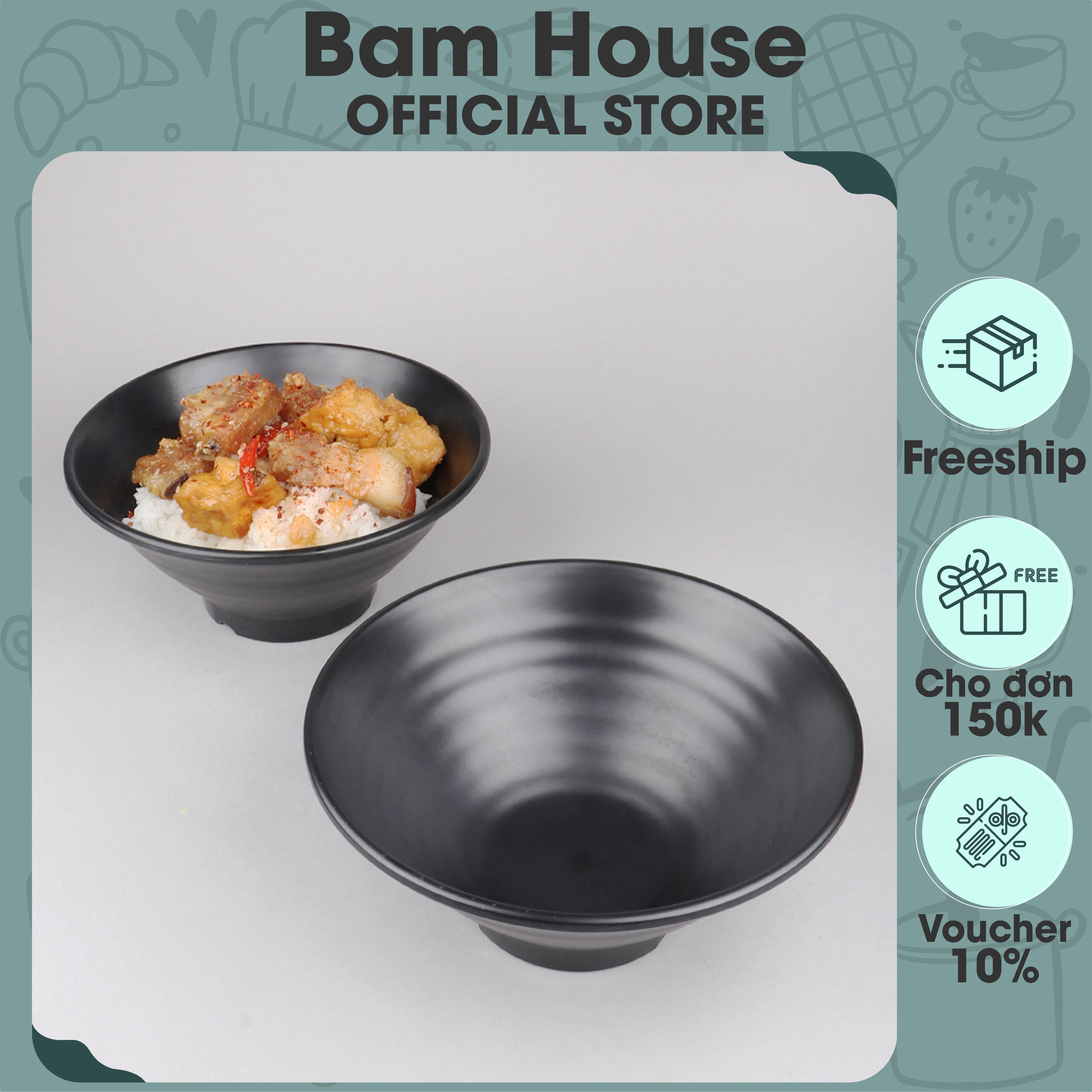 Tô nhựa đen nhám 16-21cm Bam House chất liệu Melamine cao cấp TND01 - Tô nhựa Melamine