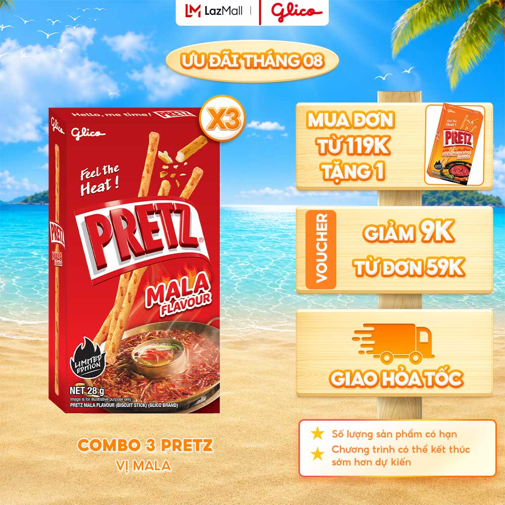 Combo 3 Hộp Bánh Que Snack Nướng Giòn PRETZ Vị MALA - 28G/Hộp