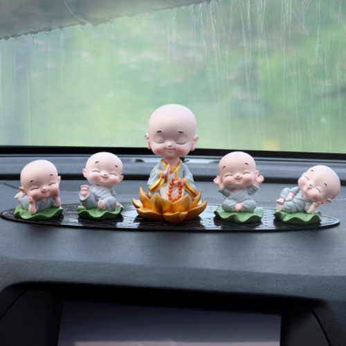Bộ 04 chú tiểu ngồi lá sen kèm 01 chú tiểu lò xo ngồi đài sen - màu áo lam