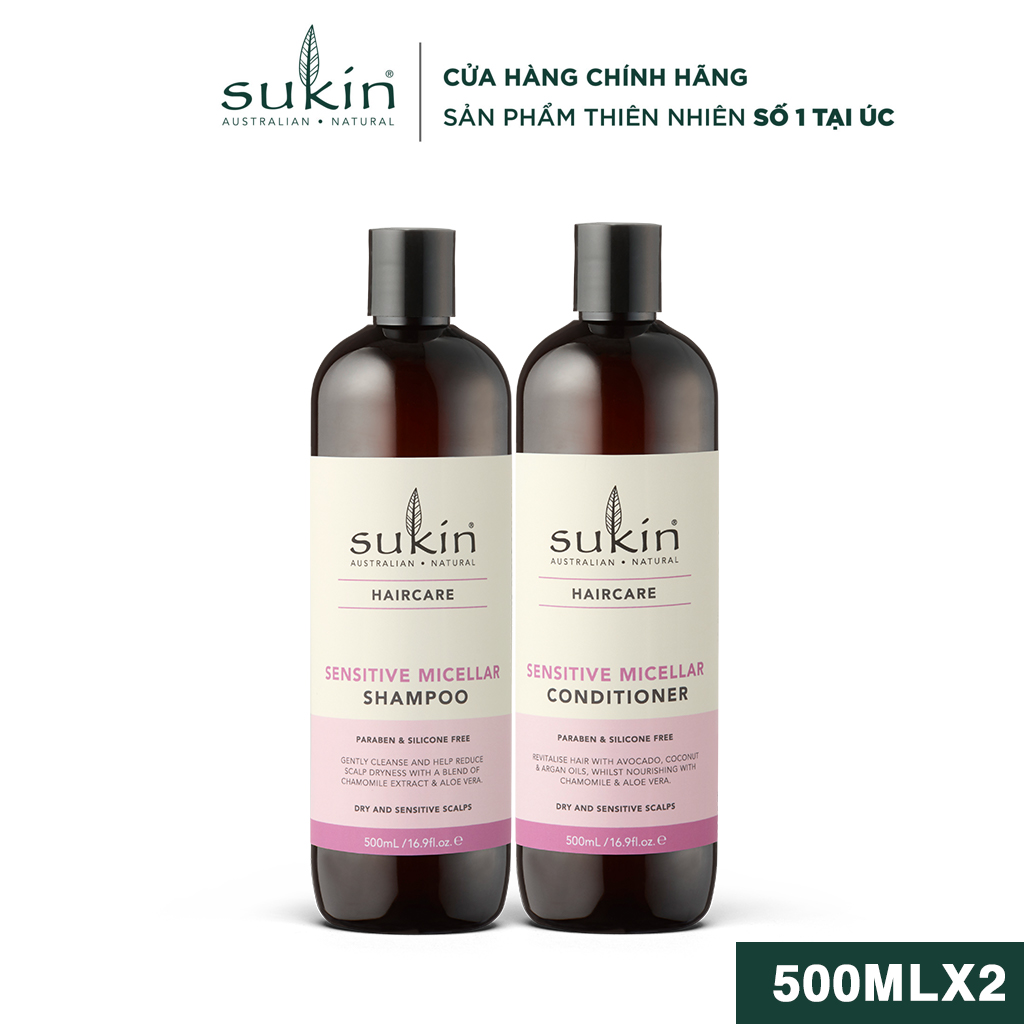 Bộ gội xả cho da đầu nhạy cảm Sukin Sensitive Micellar Shampoo 500ml & Sensitive Micellar Conditioner 500ml