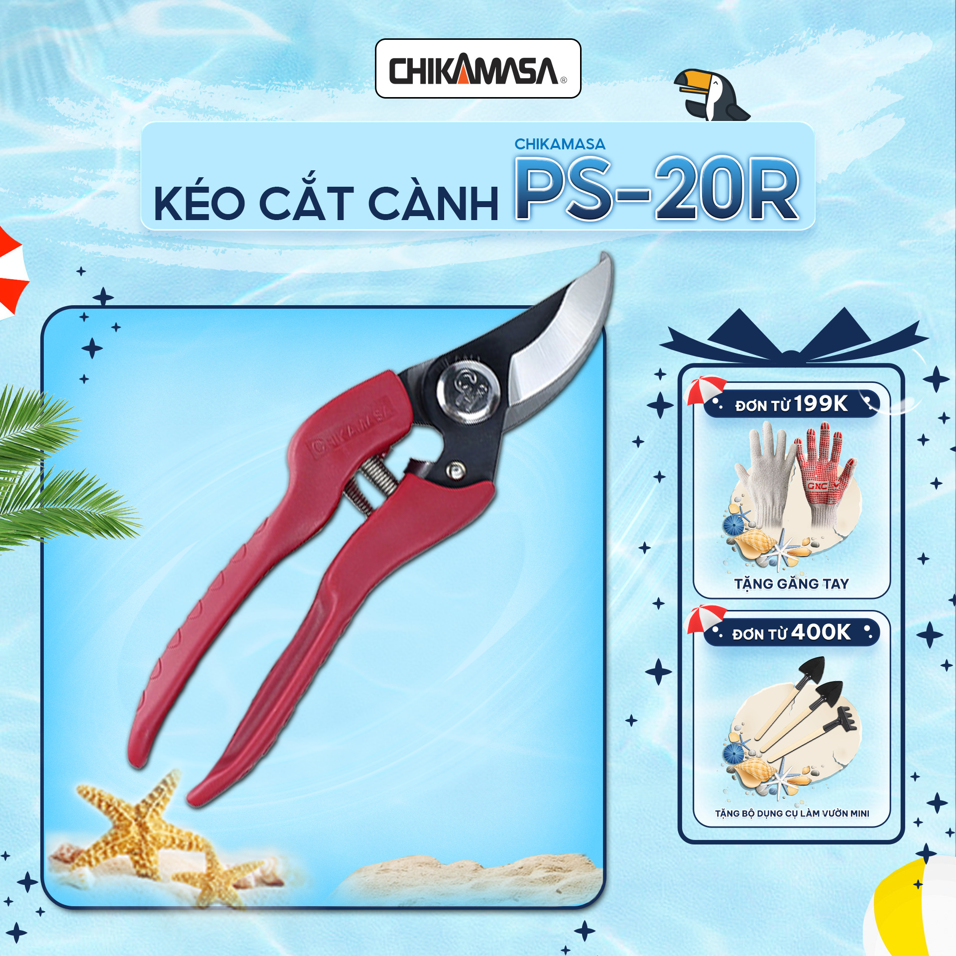 Kéo cắt cành cao cấp Nhật Bản Chikamasa PS-20R chiều dài lưỡi 50mm - lưỡi thép carbon chất lượng cao siêu bén - Cắt ngọt, không bám dính, liền sẹo nhanh