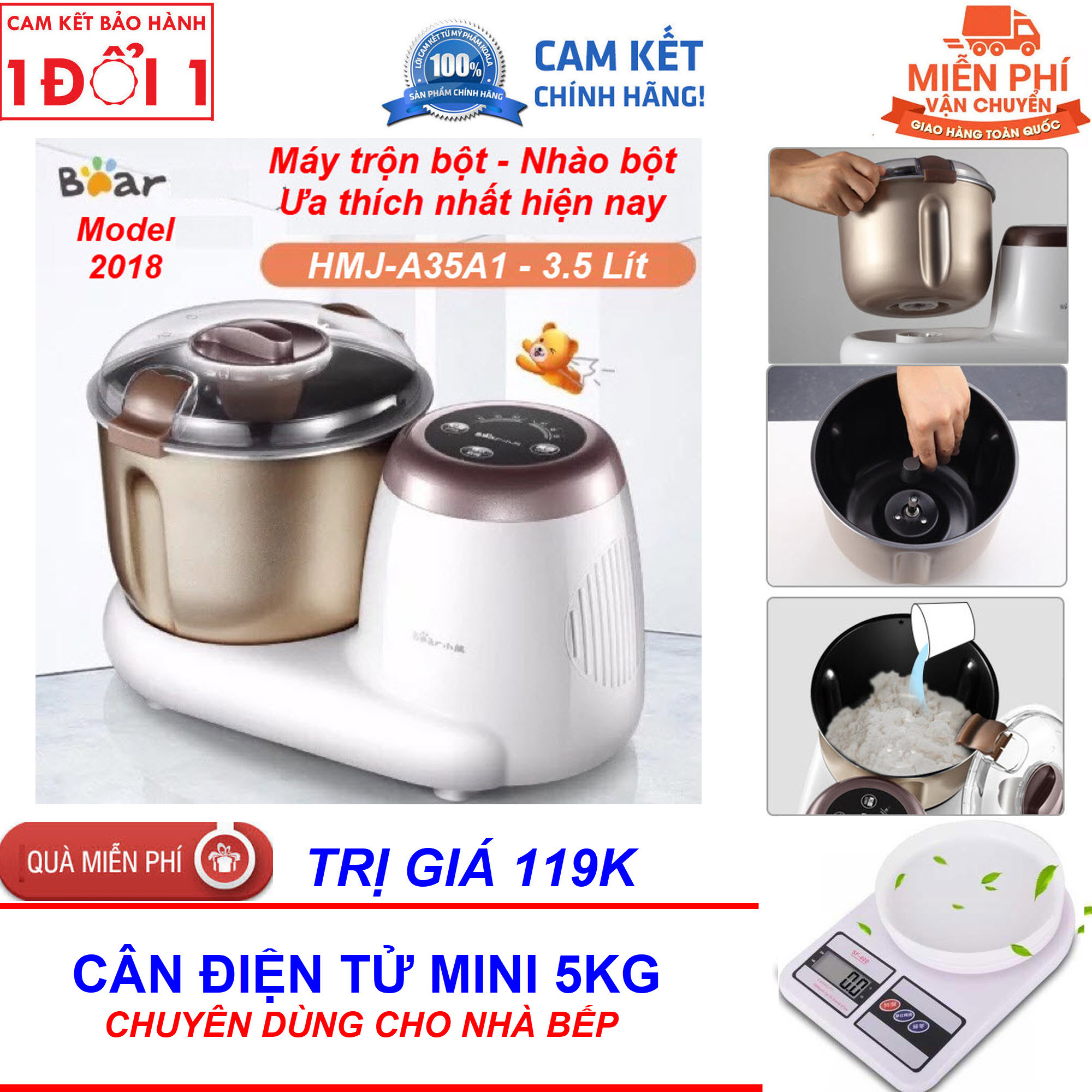 Tặng Cân Mini Trị Giá 119K - Cách sử dụng Máy trộn và nhồi bột Bear HMJ-A35A1 (3.5L) - Máy Nhào bột và làm bánh Bear HMJ-A35A1 năm 2018