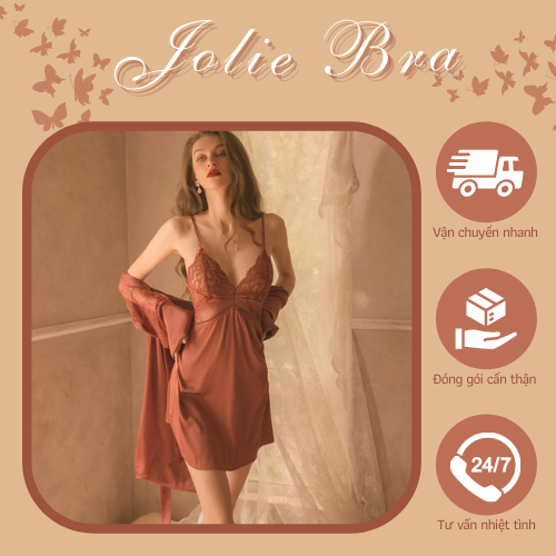 Đầm ngủ váy ngủ lụa phối ren ngực dây lưng chéo Jolie hàng Quảng Châu cao cấp