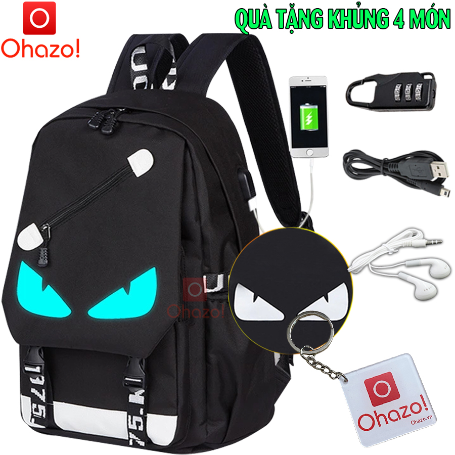 Balo nam nữ đi học thời trang dạ quang phát sáng Ohazo! hình Mắt cá tính - Chất liệu cao cấp - Có sạc USB + TẶNG (Cáp sạc USB xịn+Khóa số thông minh+Tai nghe+Móckhóa) - Cặp học sinh HOT nhất 2023