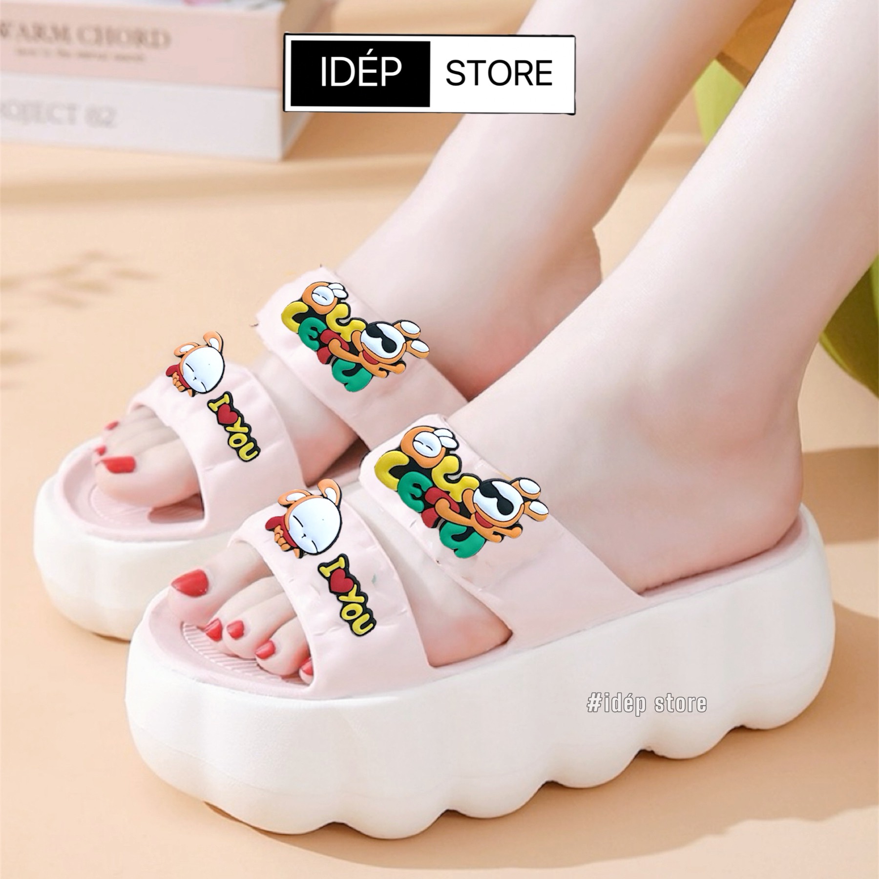 [HCM] Dép bánh mì nữ 2 quai ngang đế dày 4cm tăng chiều cao hình Chibi siêu nhẹ siêu xinh - DL374