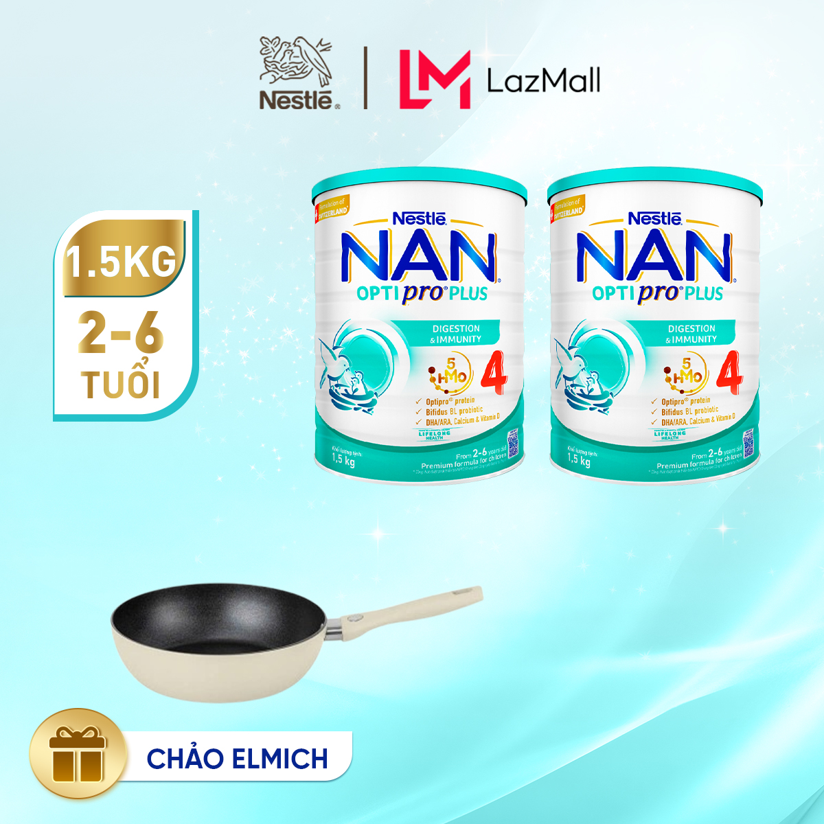 [Tặng Chảo Elmich 24cm] Bộ 2 Lon Sữa bột Nestlé NAN OPTIPRO PLUS 4 với 5HMO xuất xứ Thụy Sĩ - Hộp 1500g cho bé từ 2 - 6 tuổi - Sữa công thức dinh dưỡng cho trẻ giúp hỗ trợ tiêu hóa, đề kháng, trí não