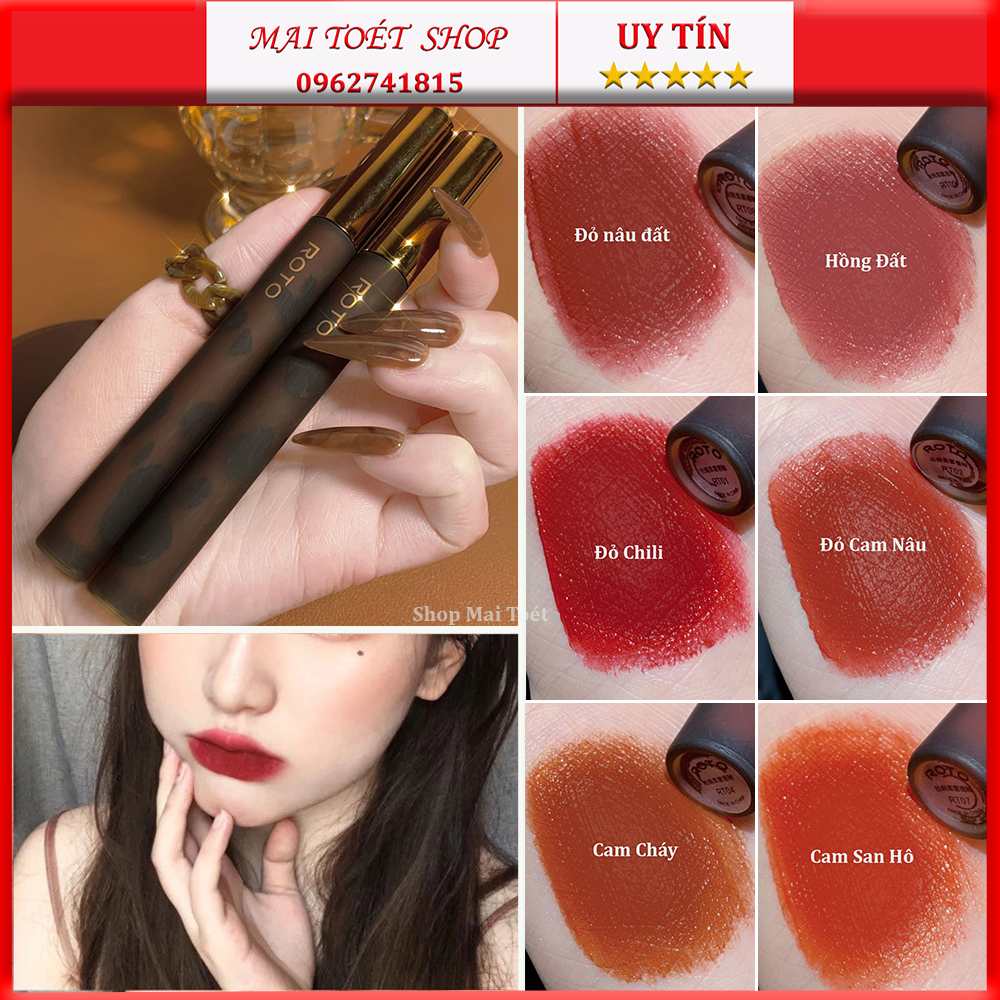 Son kem lì ROTO tone đỏ nâu đất,cam cháy lên màu cực xinh,Thiết kế da báo,son nội địa trung chính hãng