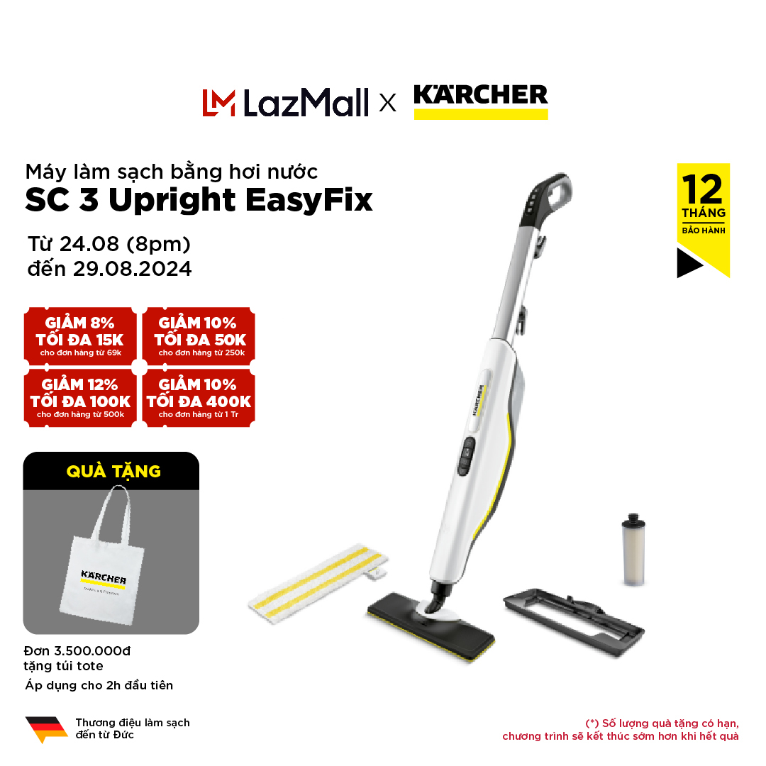 [Xuất xứ Đức] Máy lau nhà bằng hơi nước nóng 1600W Karcher SC 3 Upright EasyFix, diện tích làm sạch 60m2, đun nóng nhanh 30 giây, máy làm sạch bằng hơi nước nóng đun nóng karcher