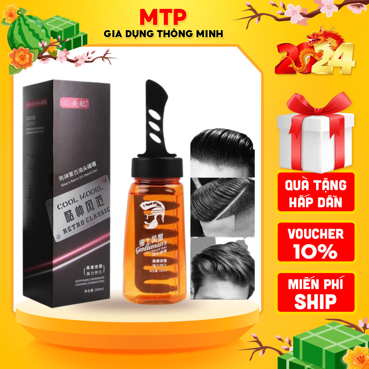 Gel vuốt tóc nam kèm lược cao cấp dung tích 260ml, Sáp vuốt tóc nam, Gel tạo kiểu tóc dành cho nam